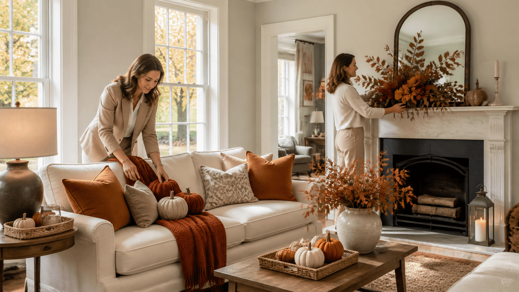 Staged Berkshire living room with warm autumn decor, soft natural light, and leafy garden views through large windows